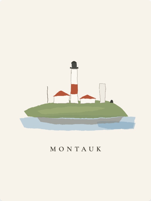 El mismo faro pintado como postal, con MONTAUK debajo